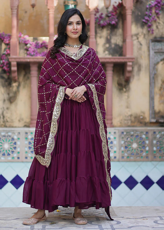 Wine Embroidered Anarkali Gown