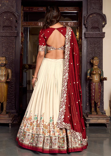 Maroon and Offwhite Embroidered Lehenga Choli