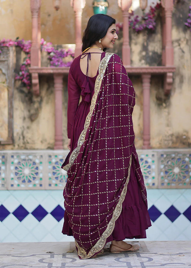 Wine Embroidered Anarkali Gown