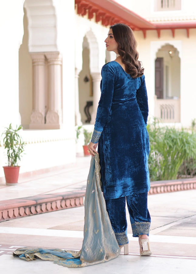 Blue Embroidered Pant Style Suit
