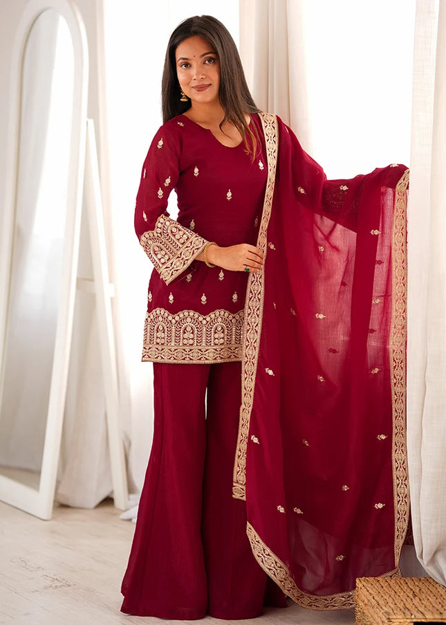 Maroon Embroidered Palazzo Suit