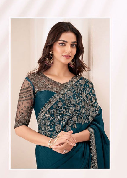 Teal Blue Embroidered Saree