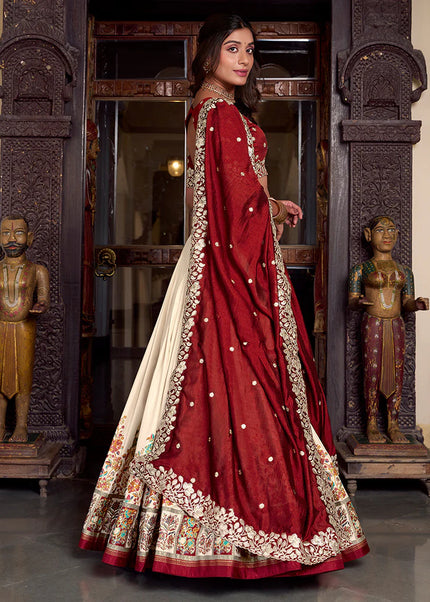 Maroon and Offwhite Embroidered Lehenga Choli