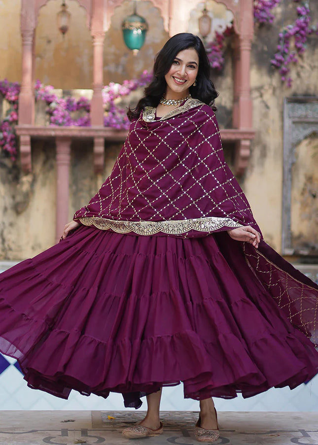 Wine Embroidered Anarkali Gown