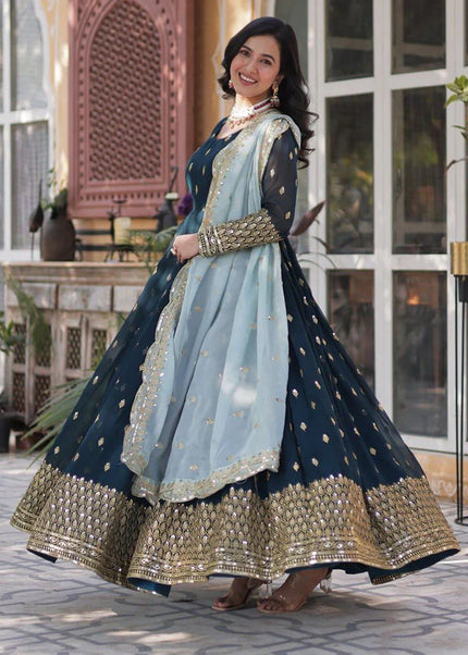 Teal Embroidered Anarkali Gown