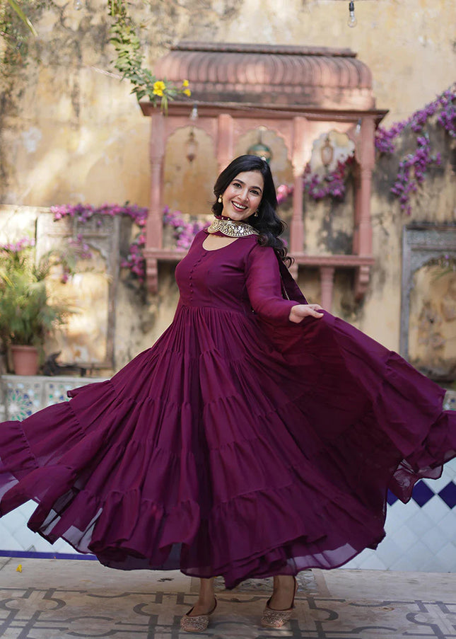 Wine Embroidered Anarkali Gown