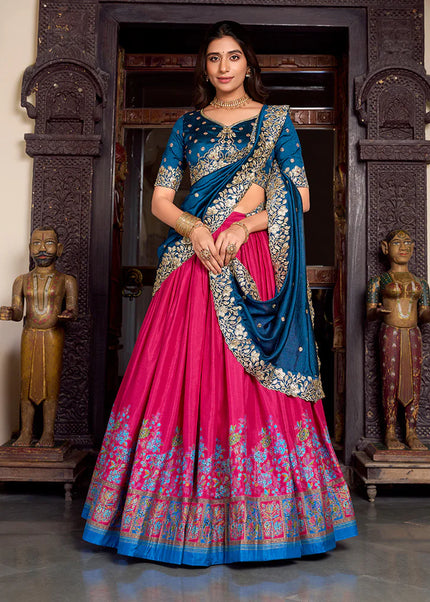Teal and Pink Embroidered Lehenga Choli