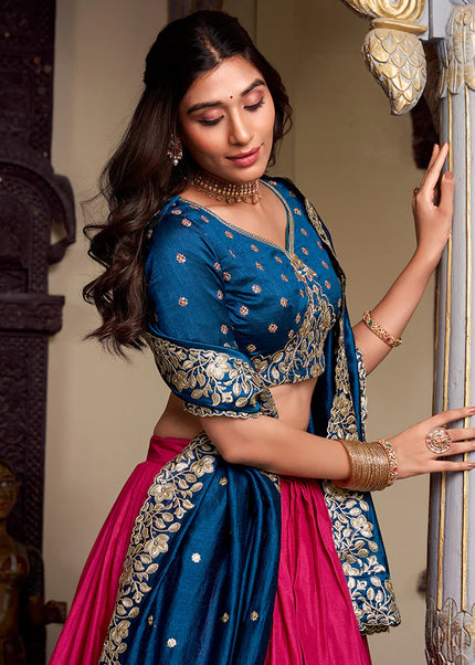 Teal and Pink Embroidered Lehenga Choli