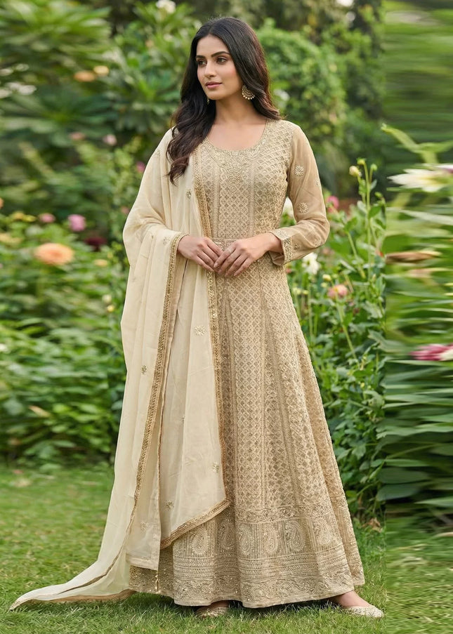 Cream Embroidered Anarkali Gown