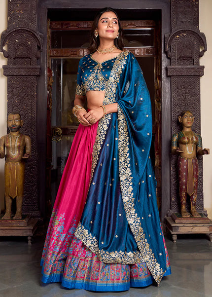 Teal and Pink Embroidered Lehenga Choli