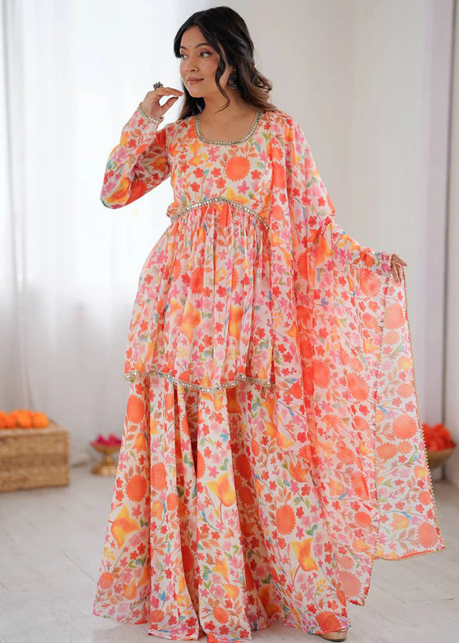 Orange Floral Printed and Embroidered Sharara Suit