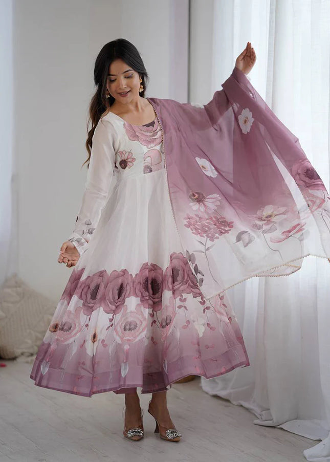 Offwhite and Purple Floral Printed Anarkali Suit