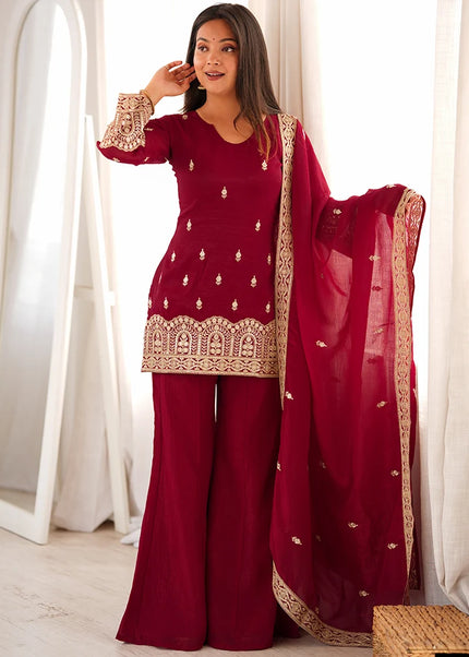 Maroon Embroidered Palazzo Suit