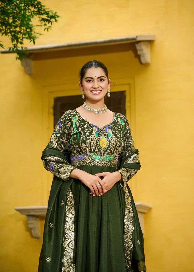 Green Embroidered Anarkali Gown