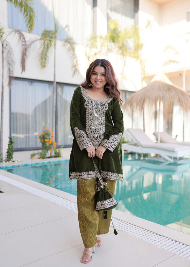 Green Embroidered Pant Style Suit
