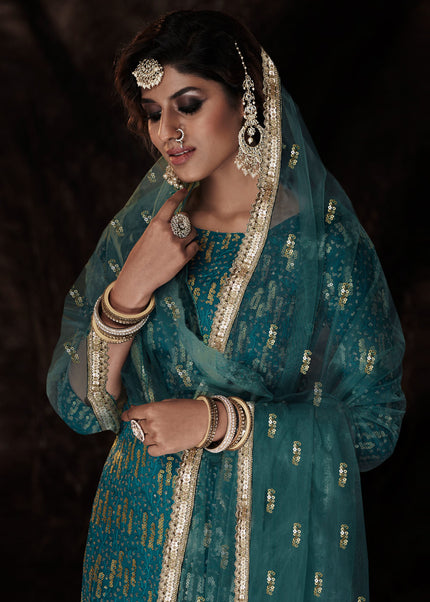 Teal and Gold Embroidered Gharara Suit