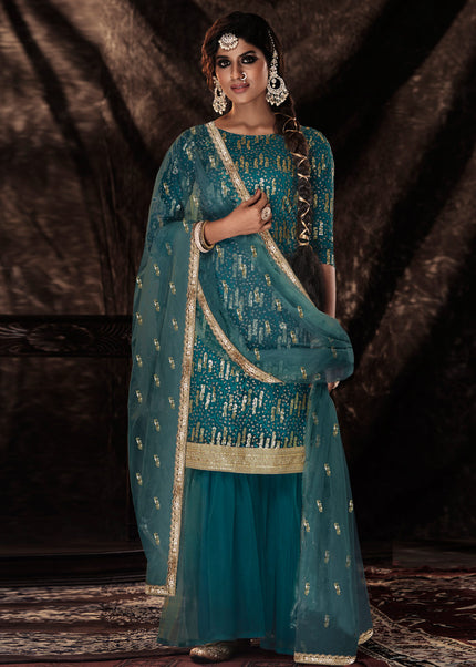 Teal and Gold Embroidered Gharara Suit