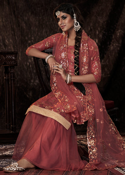 Pink and Gold Embroidered Gharara Suit