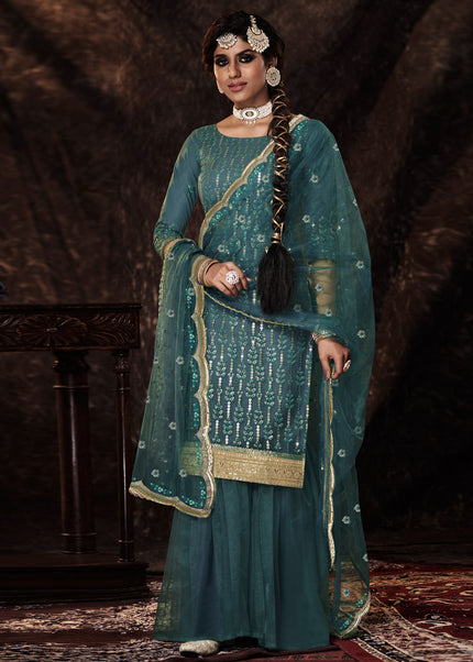 Blue and Gold Embroidered Gharara Suit