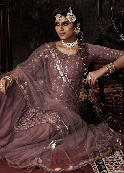 Purple and Gold Embroidered Gharara Suit