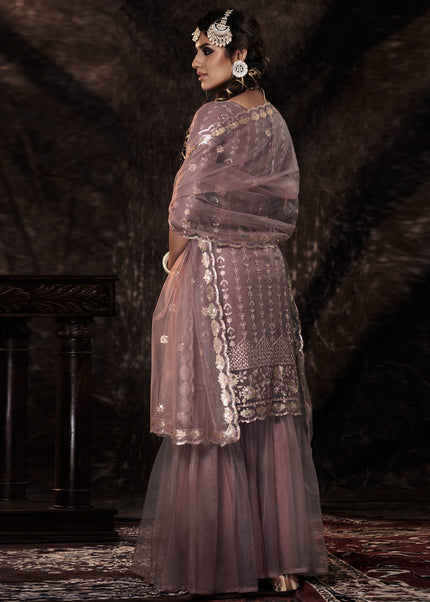 Purple and Gold Embroidered Gharara Suit