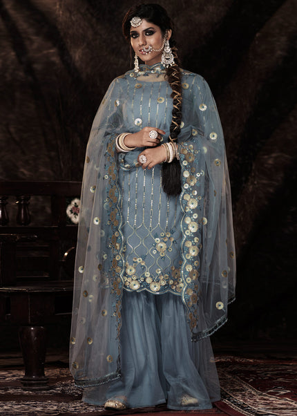 Grey and Gold Embroidered Gharara Suit