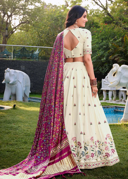 Offwhite and Maroon Embroidered Lehenga Choli