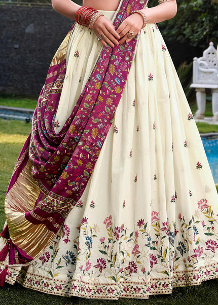 Offwhite and Maroon Embroidered Lehenga Choli