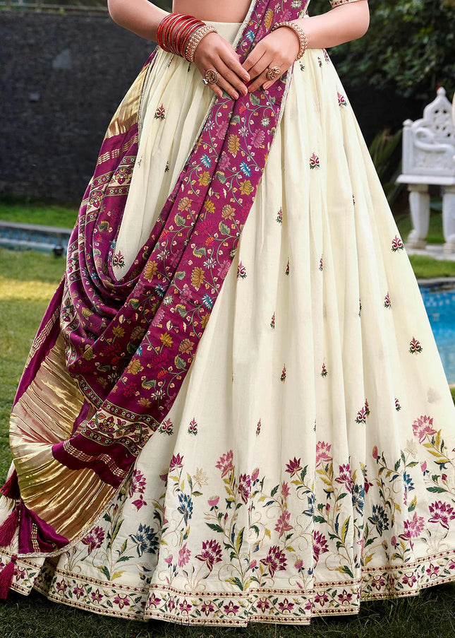 Offwhite and Maroon Embroidered Lehenga Choli