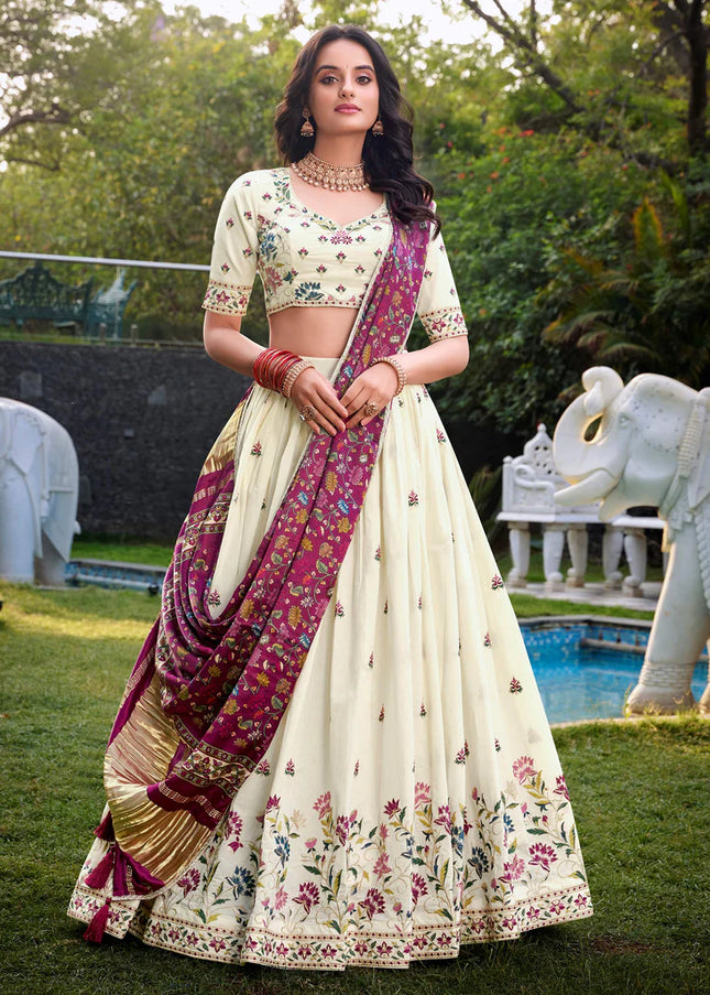 Offwhite and Maroon Embroidered Lehenga Choli