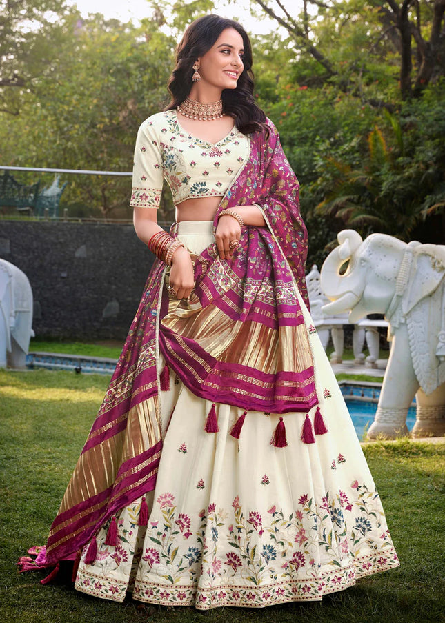 Offwhite and Maroon Embroidered Lehenga Choli