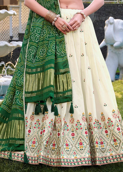 Offwhite and Green Embroidered Lehenga Choli