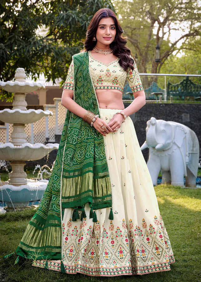 Offwhite and Green Embroidered Lehenga Choli