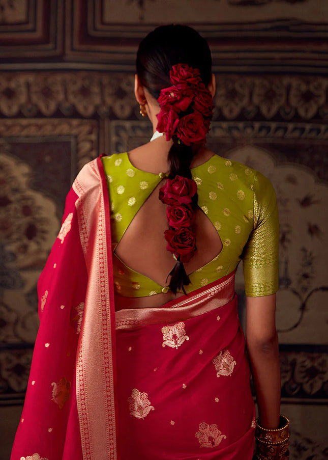 Red and Green Zari Weaved Banarasi Saree