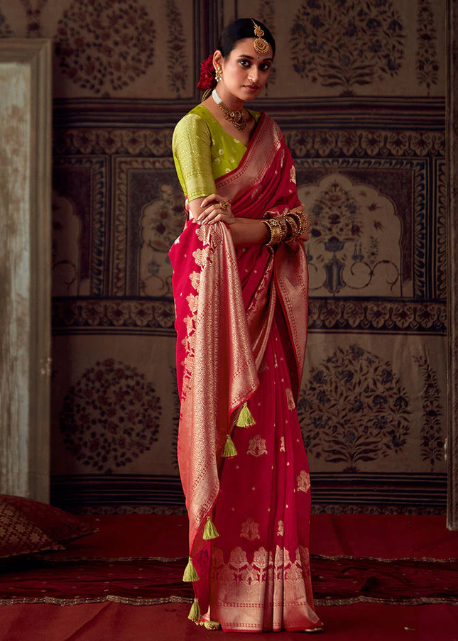 Red and Green Zari Weaved Banarasi Saree