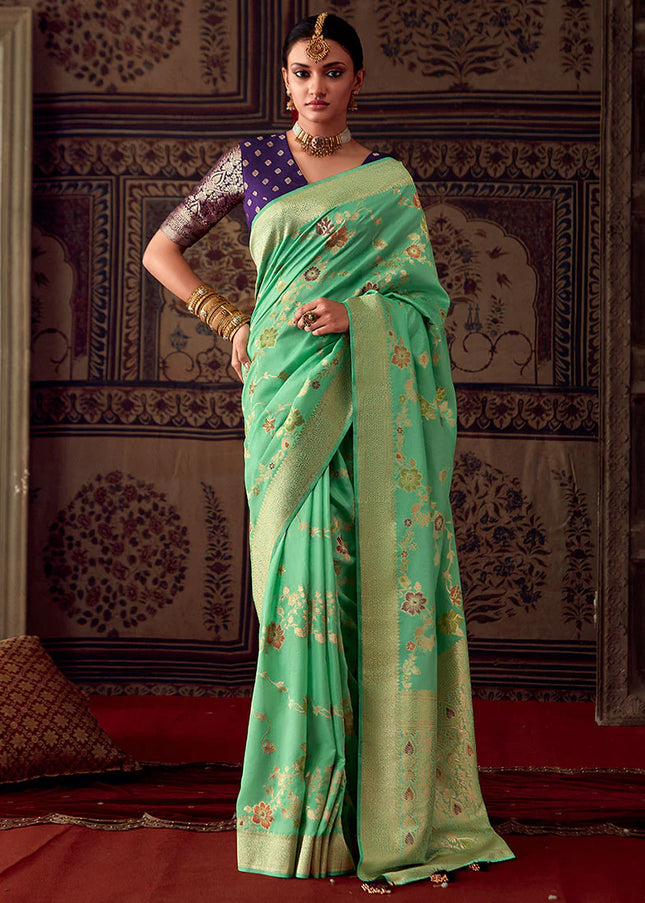 Green and Purple Zari Weaved Banarasi Saree