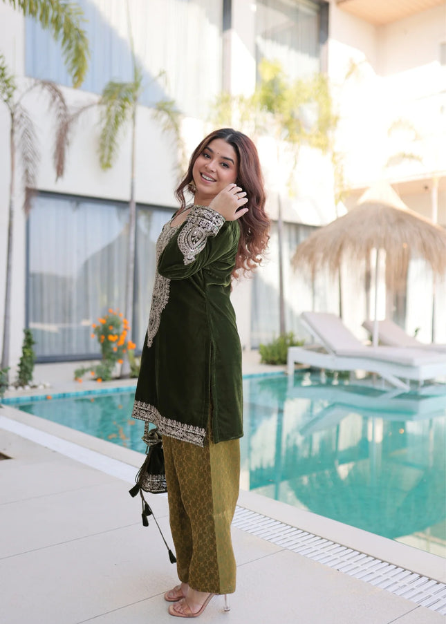 Green Embroidered Pant Style Suit