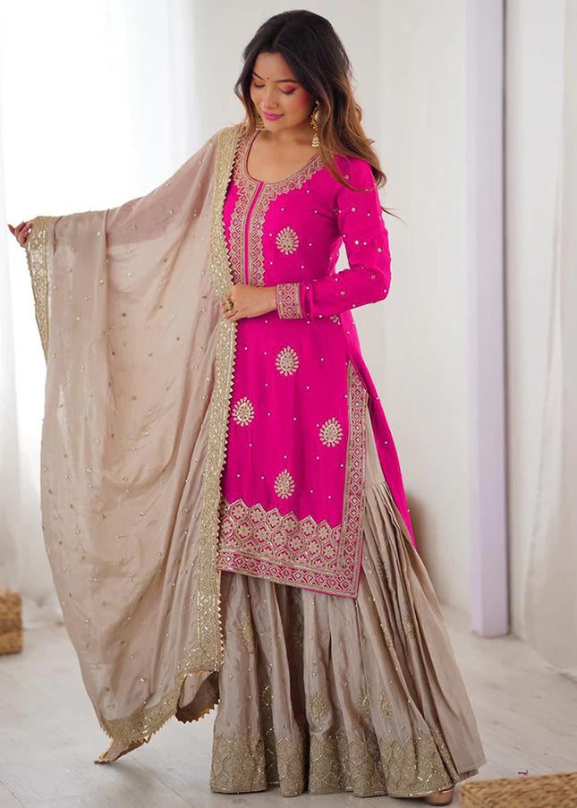 Pink and Mauve Embroidered Sharara Suit