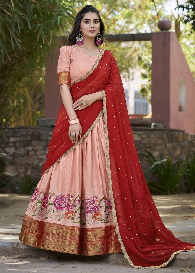Peach Embroidered Lehenga Choli