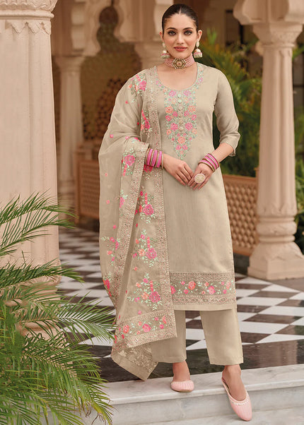 Beige Floral Embroidered Pant Style Suit