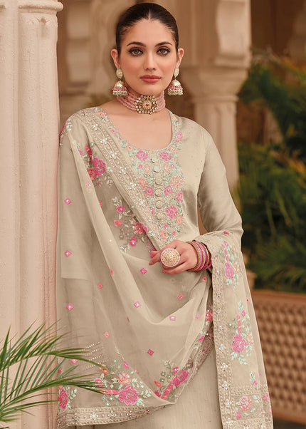 Beige Floral Embroidered Pant Style Suit