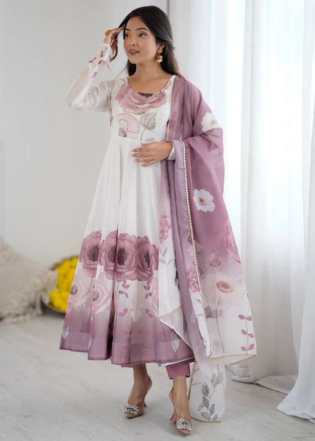 Offwhite and Purple Floral Printed Anarkali Suit