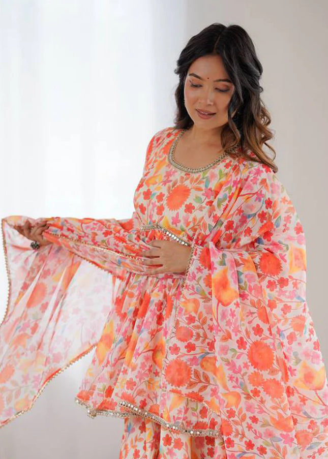 Orange Floral Printed and Embroidered Sharara Suit