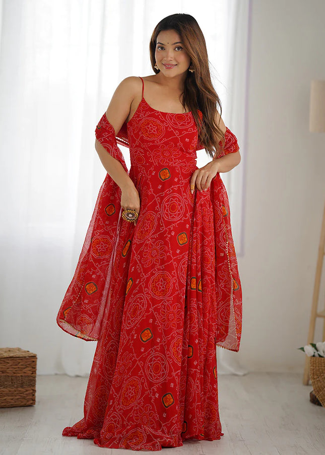 Red Bandhej Anarkali Gown