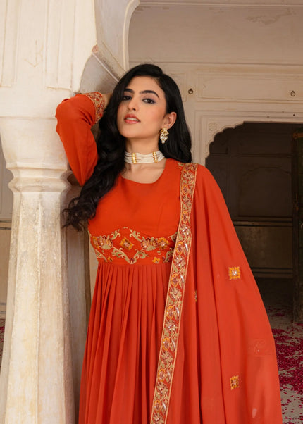 Orange Embroidered Anarkali Gown