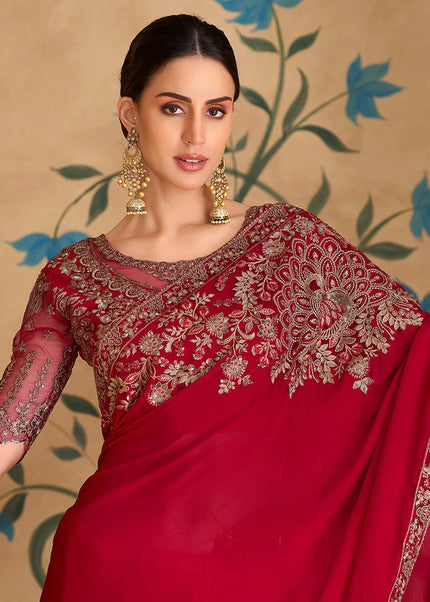 Red Embroidered Saree