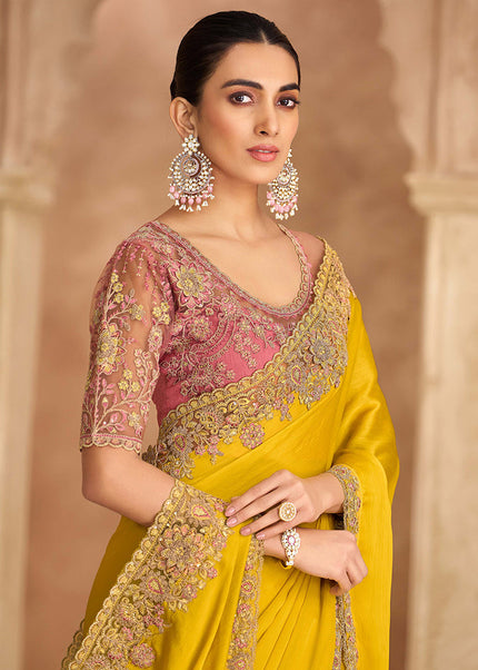 Mustard Yellow and Pink Embroidered Saree