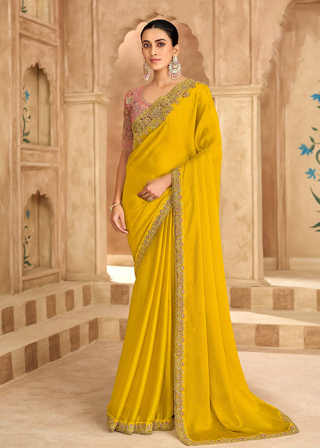 Mustard Yellow and Pink Embroidered Saree