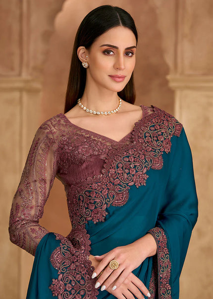 Blue and Brown Embroidered Saree