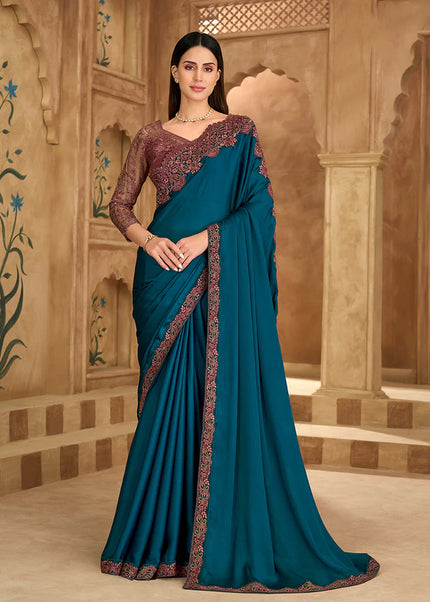 Blue and Brown Embroidered Saree